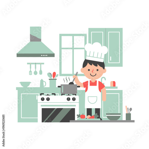 Happy Boy Chef Cooking in Kitchen, Vector Illustration