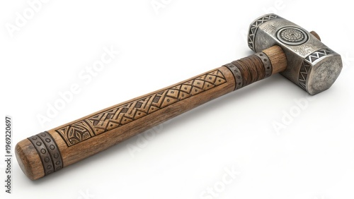 A detailed close-up of a hammer, showcasing its craftsmanship and design. The hammer features a metal head and a wooden handle