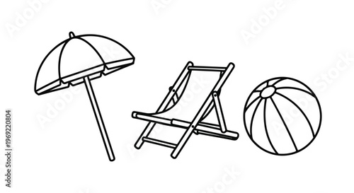 Beach icons, summer vacation symbols, beach umbrella, deck chair, beach ball