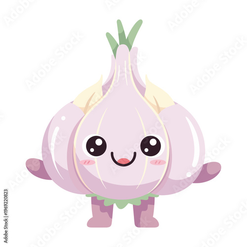 Cute Kawaii Garlic Character with Smiling Face and Blushing Cheeks, Vector Illustration