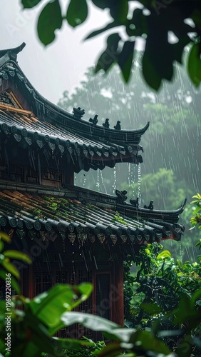 A traditional Asian temple roof glistens under a heavy rain shower, framed by lush green foliage, showcasing intricate architectural details and a serene, atmospheric scene.