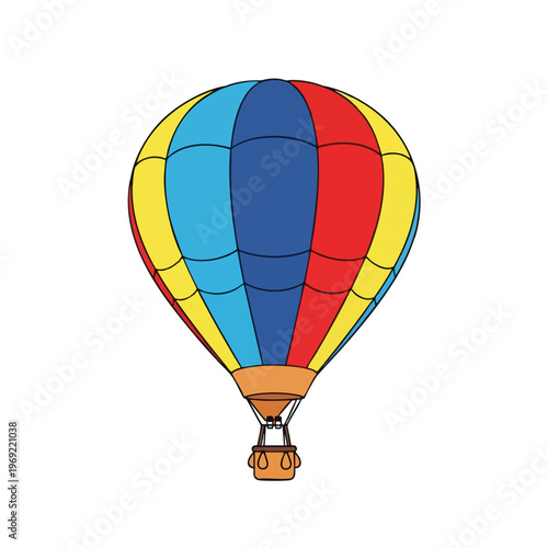 A colorful hot air balloon with panels of red, blue, and yellow