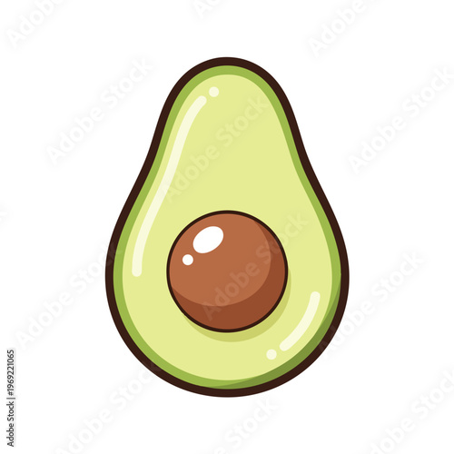 A stylized, bright green avocado half with a brown pit sits on a white background