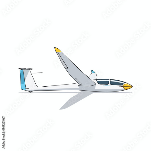 A white glider with yellow-tipped wings and blue tail accents rests on a flat surface