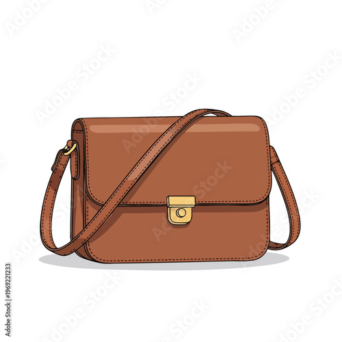 A brown leather satchel with a gold clasp and adjustable strap sits on a white background