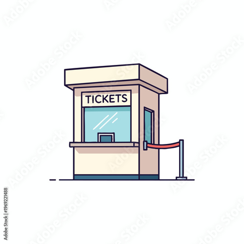 Simple illustration of a beige ticket booth with a red velvet rope queue barrier