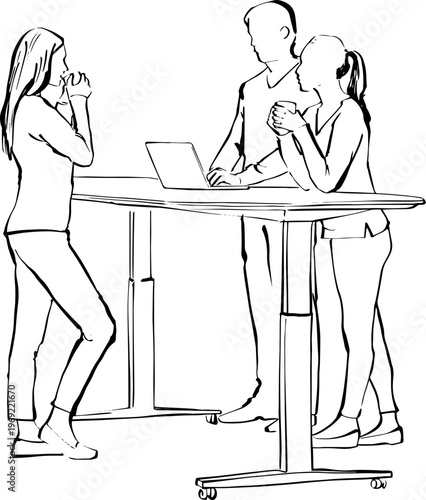Colleagues having informal business meeting with coffee and laptop vector sketch