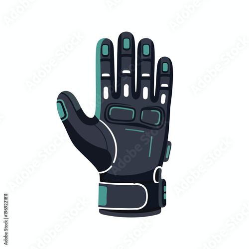 A futuristic, dark blue protective glove with teal accents, extended