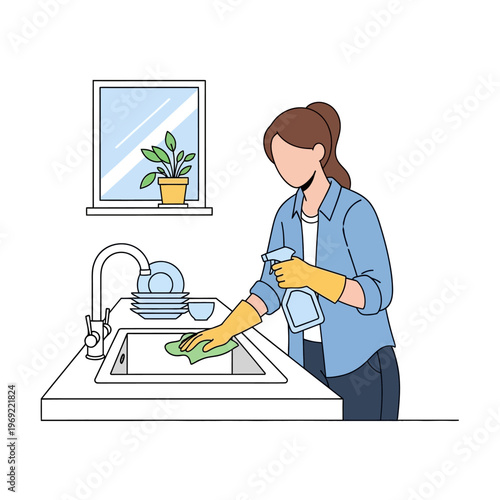 Woman Cleaning Kitchen Sink with Spray Bottle and Cloth - Household Chores Illustration