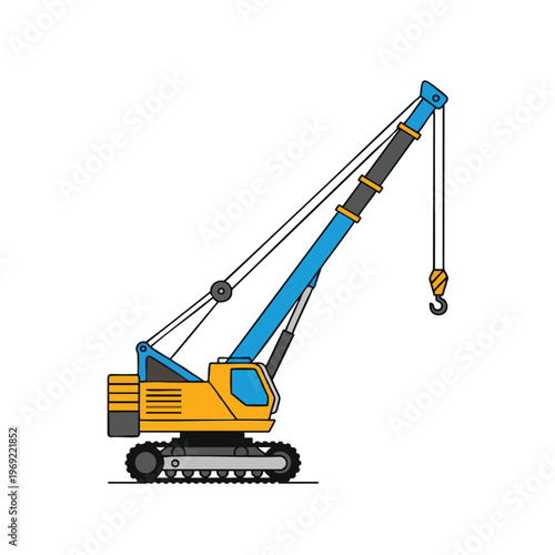 Yellow crawler crane with blue boom and hook lifts heavy loads