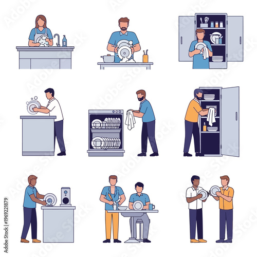 People washing and drying dishes, kitchen chores, domestic life, household tasks