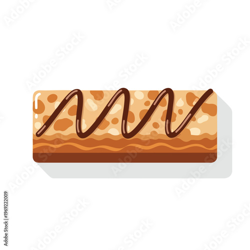 Rectangular pastry bar with irregular brown spots and chocolate drizzle