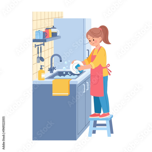 Woman washing dishes in a kitchen sink with a sponge and soap, daily chores