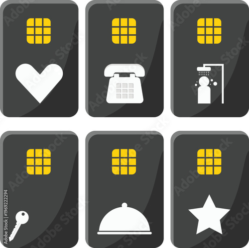 Set of six black SIM card vector icons with gold chip and white symbols including heart, telephone, shower, key, hotel service bell, and star. Concept of mobile services and digital communication.