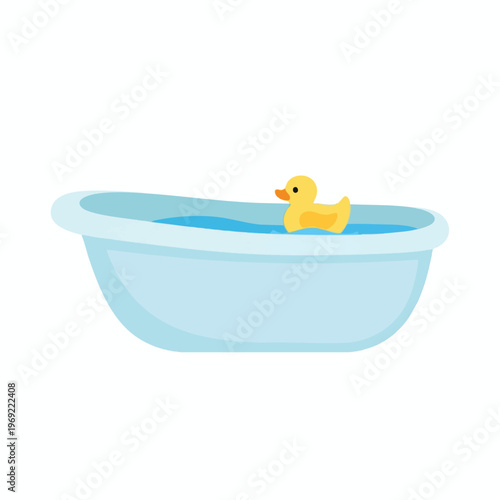 A simple illustration of a blue bathtub filled with water, with a yellow rubber duck