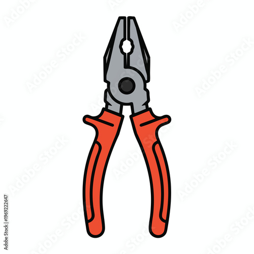 A detailed illustration of a pair of pliers with red handles and gray jaws