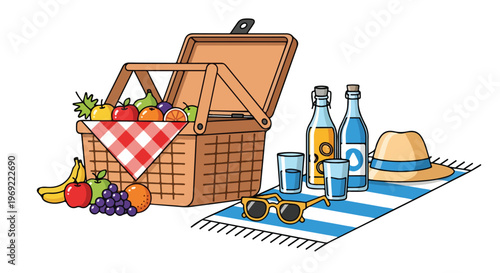 Picnic basket, outdoor food, summer blanket, fruit and drinks
