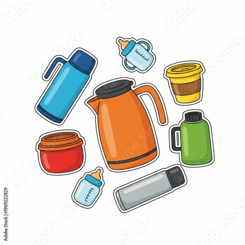Cartoon thermos sticker collection with vacuum flask bottles for hot and cold drinks vector set