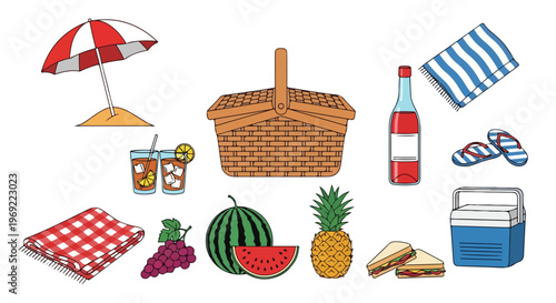 Picnic, outdoor, summer, vector icons, 12 elements, food, drink, leisure