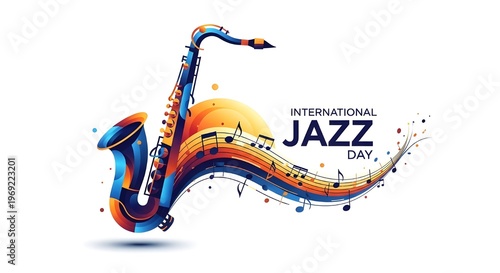 A vibrant artistic illustration of a saxophone with flowing musical notes for international jazz day