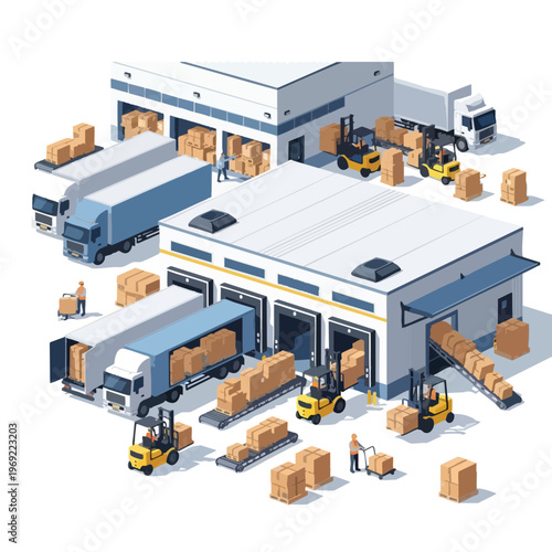 Warehouse operations with trucks, forklifts, workers, and boxes being loaded and unloaded