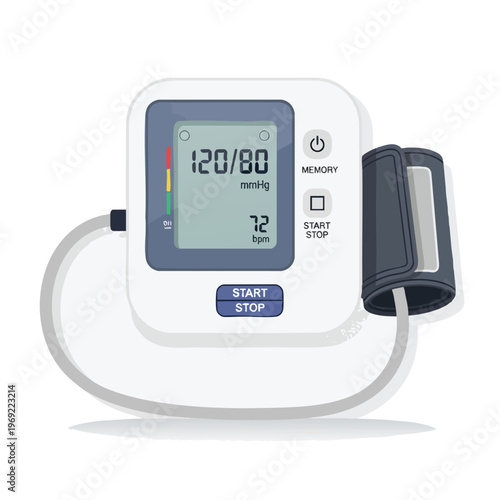 Digital blood pressure monitor displaying 120/80 mmHg and 72 bpm