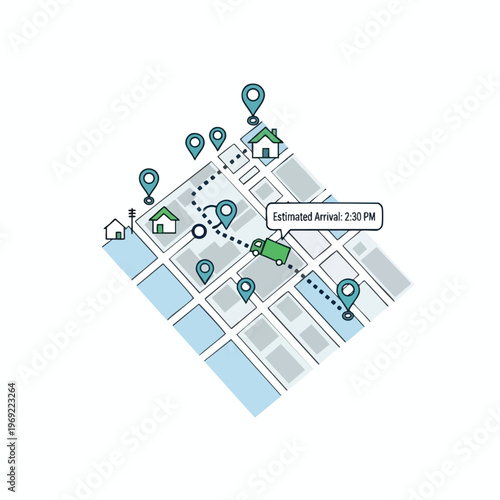 Isometric map showing a delivery route with multiple stops and estimated arrival time