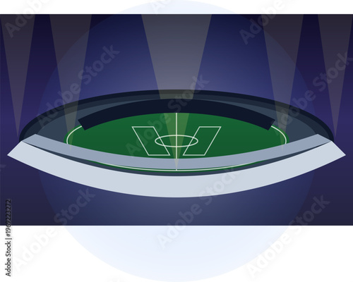 Hand-drawn majestic sports stadium at night featuring bright floodlights illuminating a green grass pitch in this authentic illustration