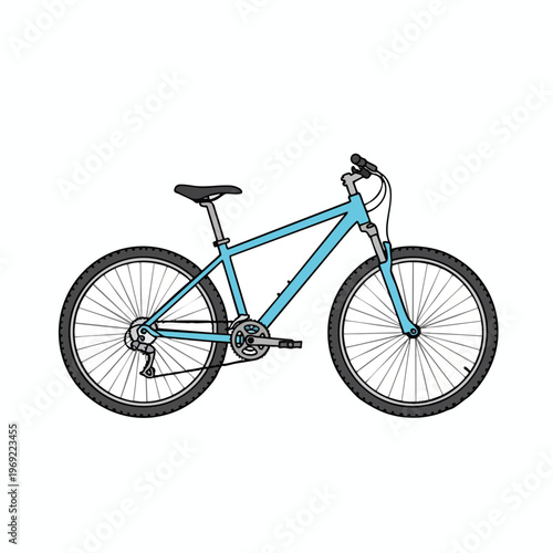 A light blue bicycle with front suspension, knobby tires, and derailleur gears
