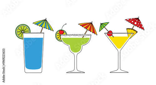 Cocktail glasses, colorful drinks, umbrella icons, party beverages, vector illustrations