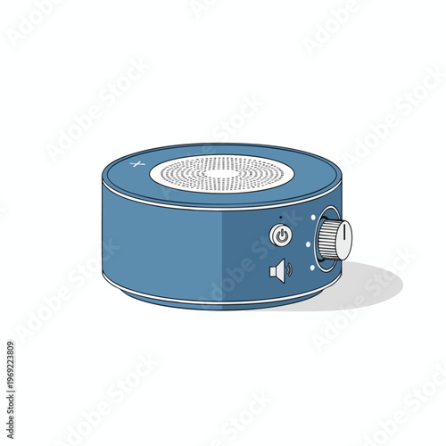 Blue cylindrical speaker with a textured top, volume dial, and power button