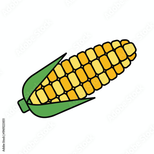 Isolated ear of corn with yellow kernels and green husks