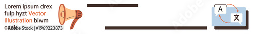 Global communication, language translation, technology, multilingual platforms, content sharing, education. A megaphone and language translation symbols are . Highlights language translation