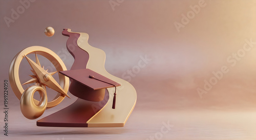 3d render of a graduation cap with a compass and a winding path, symbolizing educational journey and career direction in warm gold and maroon tones