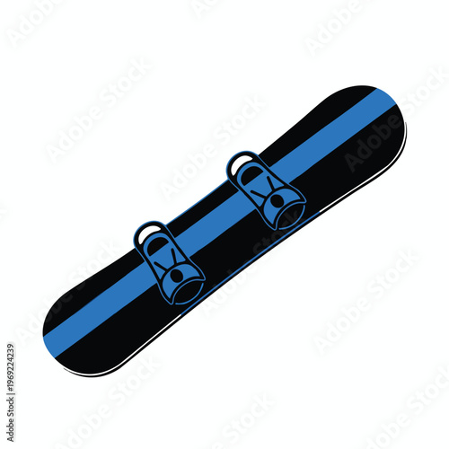 A black snowboard with two blue straps and a blue stripe
