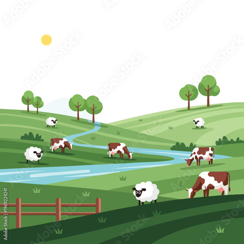 Sunny pastoral scene with cows and sheep grazing near a stream