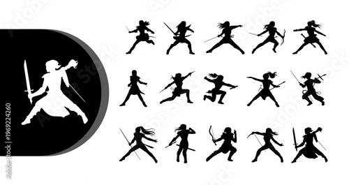 A collection of ninja silhouettes in various fighting poses on a white background
