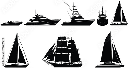 Boat and ship silhouette set including luxury yacht, sailboat, fishing boat, catamaran, tall ship, maritime transport icons, nautical vessel vector.