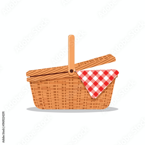 A wicker basket with a red and white checkered cloth and a wooden handle