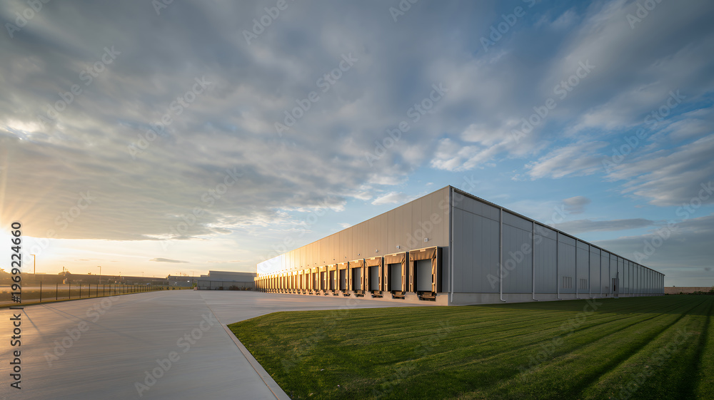 Fototapeta premium Large warehouse building with grass and road at sunset