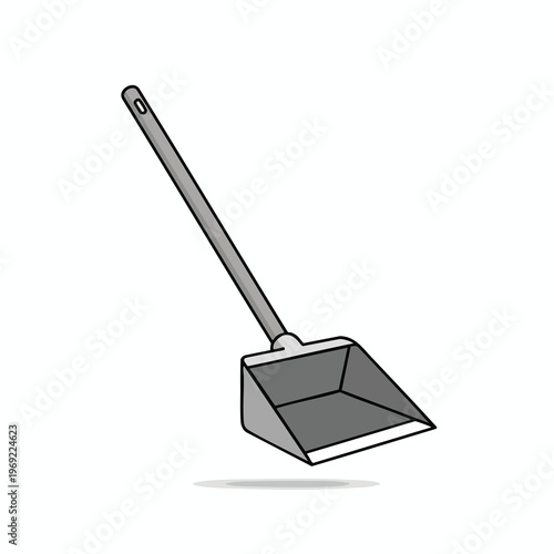 Simple grey dustpan with long handle, casting a subtle shadow below