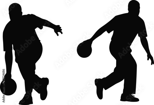 Bowling player silhouette set, male bowler throwing ball, sports activity icon, strike action pose, ten-pin bowling isolated on white background