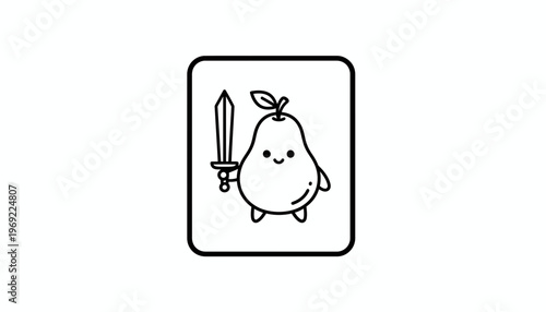 Cute Pear Character Holding a Sword, Kawaii Food Art, Funny Fruit Warrior Icon