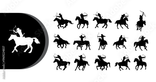 A collection of black and white silhouettes of cowboys riding horses in various poses