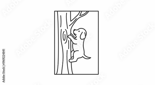 Cute puppy climbing a tree, playful dog, outdoor adventure, black and white line art