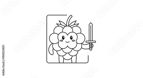 Cute Raspberry Character Holding a Sword, Outline Drawing