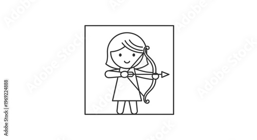 Cute Sagittarius Zodiac Sign Icon, Archer Girl with Bow and Arrow, Line Art