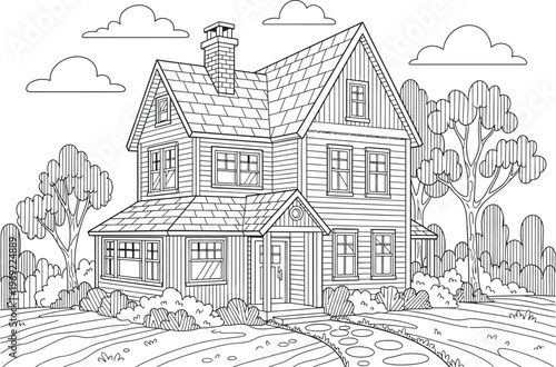 A charming two-story wooden house with a welcoming front yard and rustic appeal