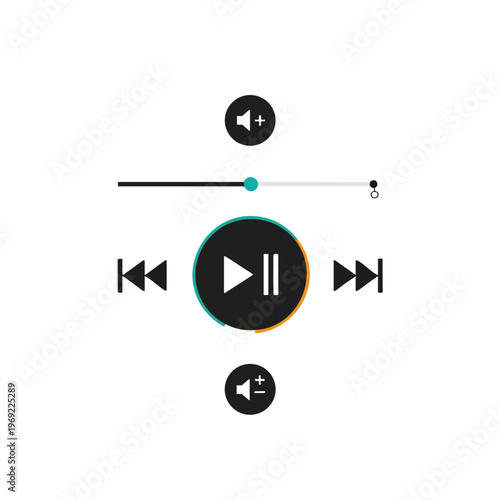 Music player interface with play/pause, skip, volume controls, and progress bar