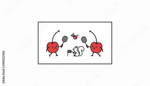 Cute Cherries Playing Badminton with Squirrel Umpire on White Background